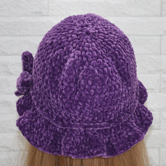 HAND CRAFTED Hat Crochet Bucket Chenille Winter Medium Ruffle Wide Brim Purple - Picture 5 of 12